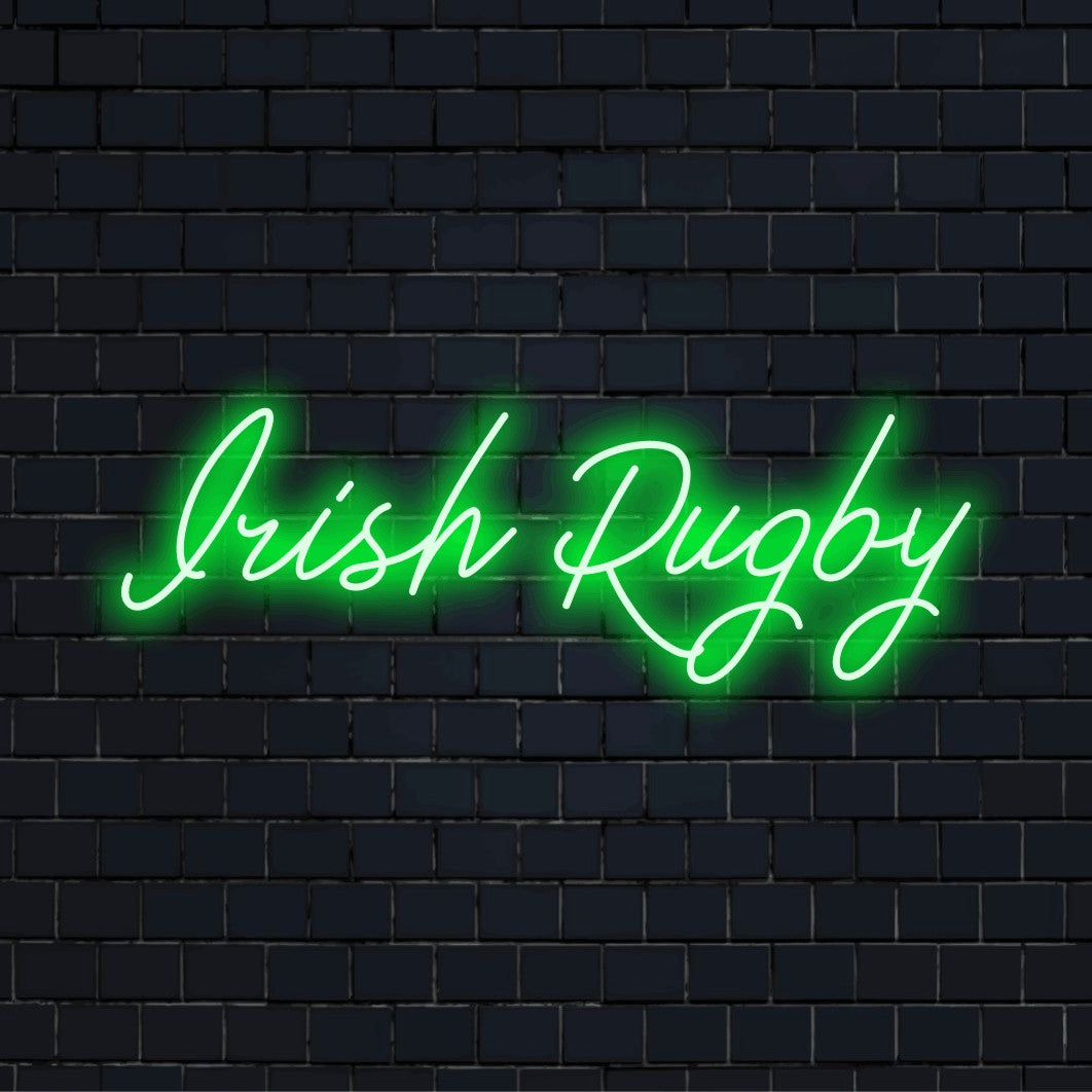 Irish Rugby Neon Sign, bright LED glow on dark brick wall