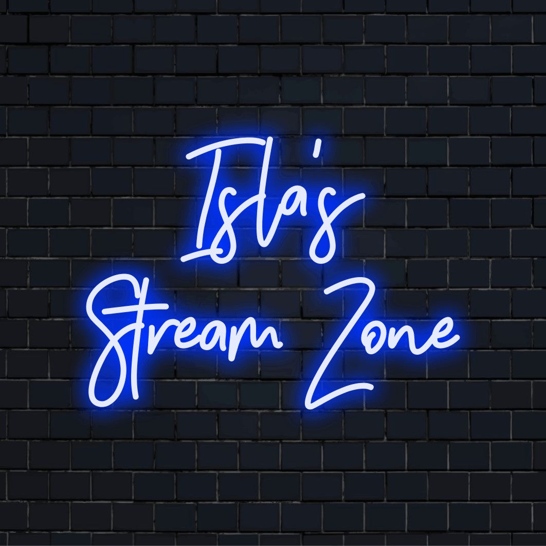 Isla_s Stream Zone Personalized LED Neon Sign, glowing wall decor on dark brick background