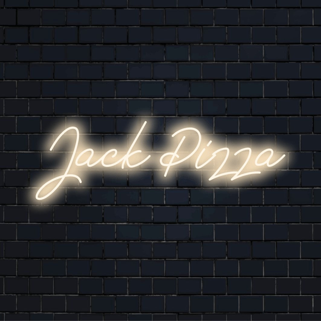 Jack Pizza Personalized LED Neon Sign, neon text light on dark brick wall