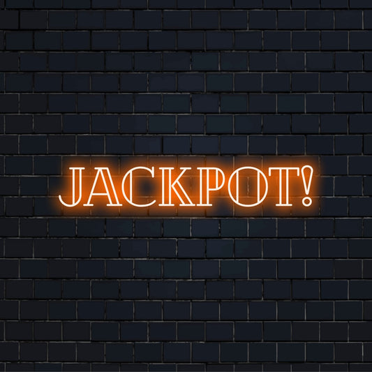 Jackpot Neon Sign, soft neon glow on dark brick background