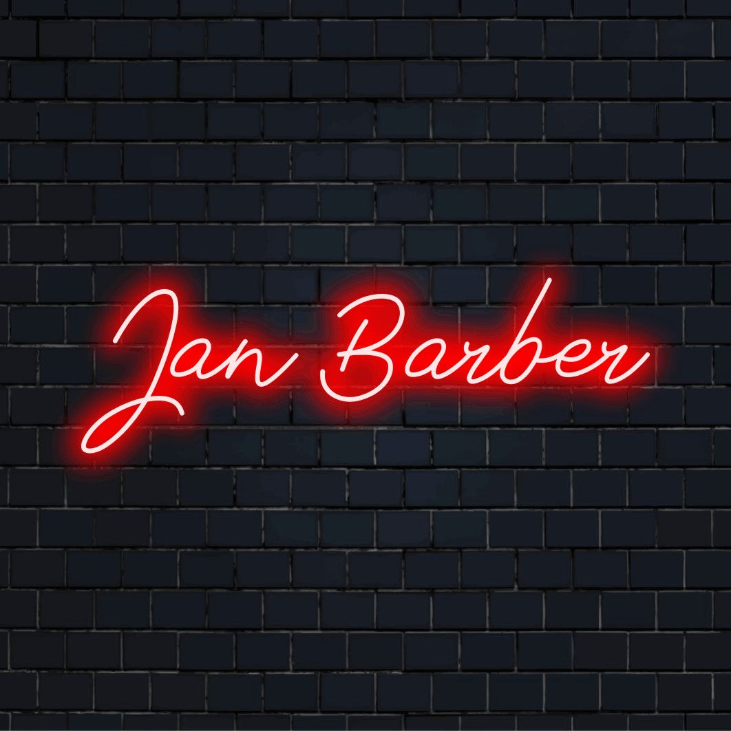 Jan Barber Personalized Neon Light with neon text light on black brick background