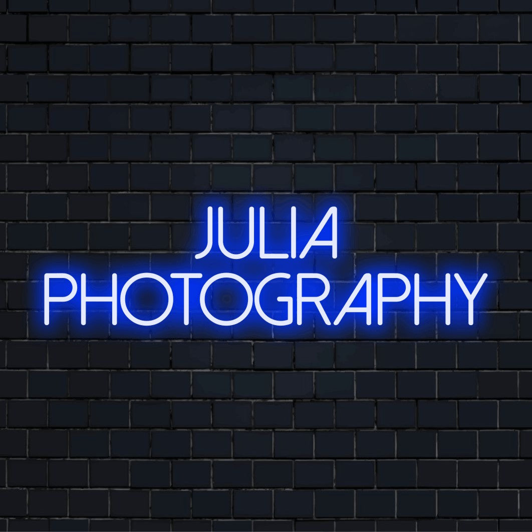 Julia Photography Personalized LED Neon Sign, glowing wall decor on dark brick background