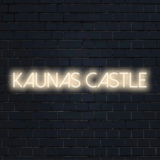 Kaunas Castle Neon Sign, neon text light against black brick wall