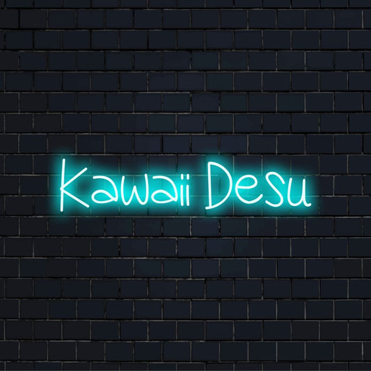 Kawaii Desu LED Neon Sign, glowing wall decor on dark brick background