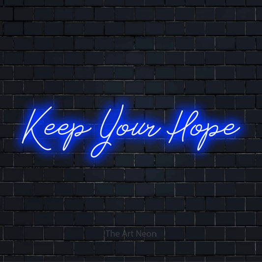"Keep Your Hope" text design with neon effect on a black brick wall
