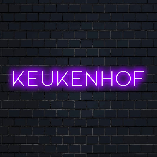 Keukenhof Neon Sign, bright neon lettering on dark brick wall
