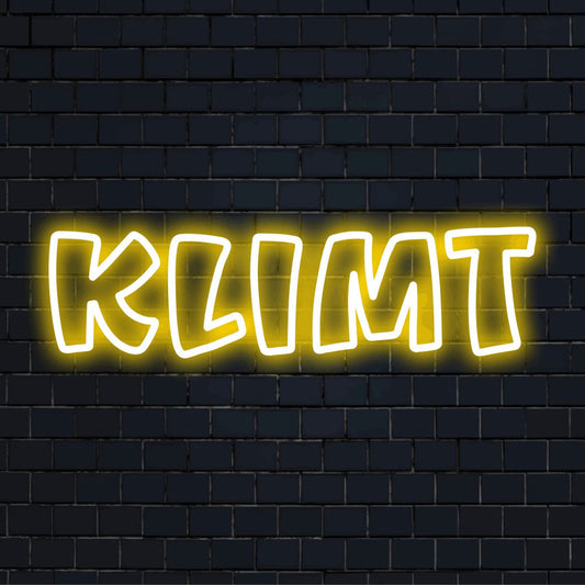 Klimt Neon Sign, glowing neon text against brick backdrop