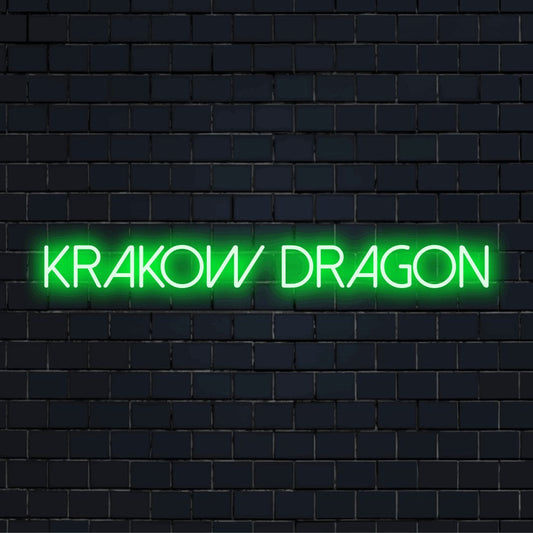 Krakow Dragon Neon Sign, neon text light on dark brick background