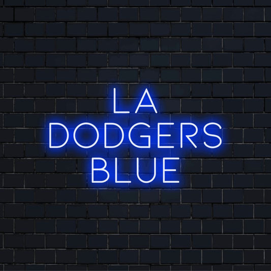 La Dodgers Blue Neon Light with glowing neon text on black brick background