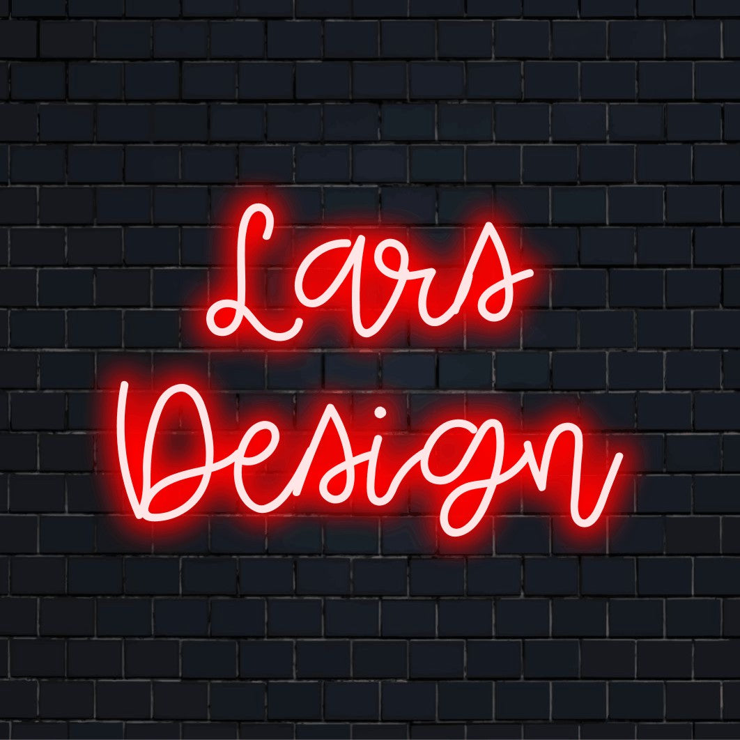 Lars Design Custom Name Neon Sign, glowing lettering on dark brick wall