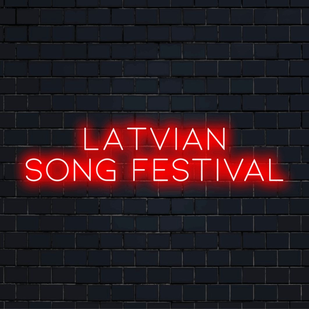 Latvian Song Festival Neon Sign, glowing lettering against black brick wall