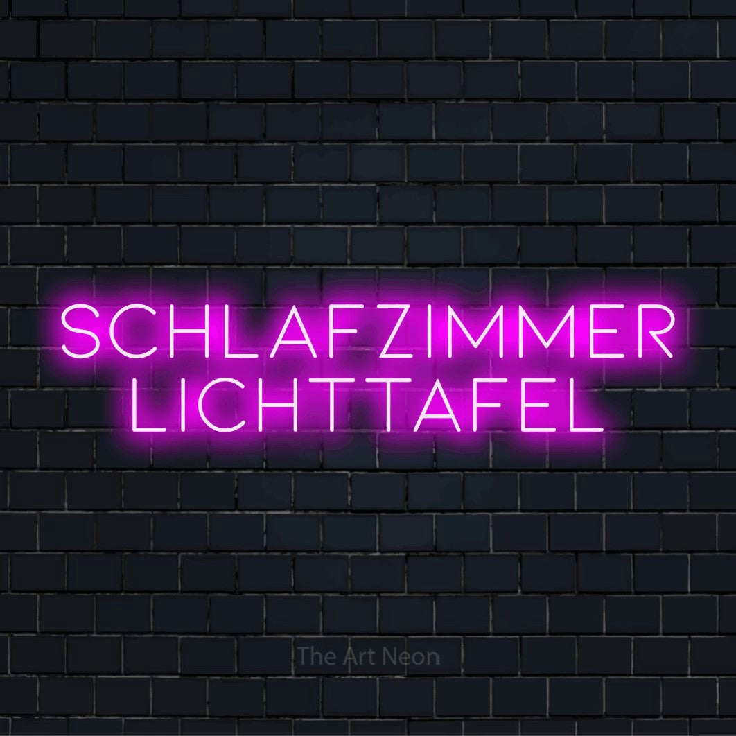 LED-Neonschild mit dem Text „Schlafzimmer Lichttafel“ auf dunkler Ziegelwand