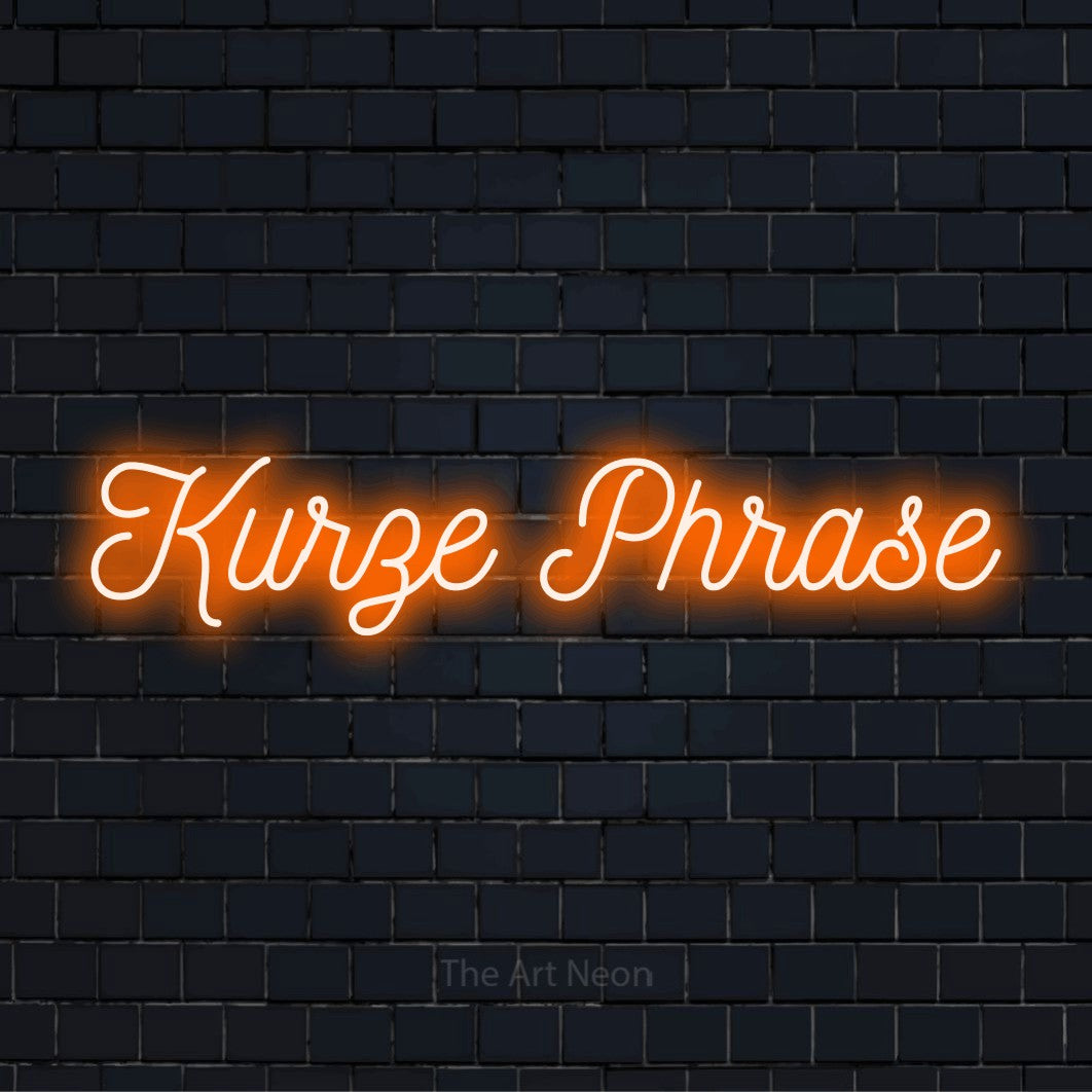 LED-Neonschild mit dem Text „Kurze Phrase“ auf dunkler Ziegelwand