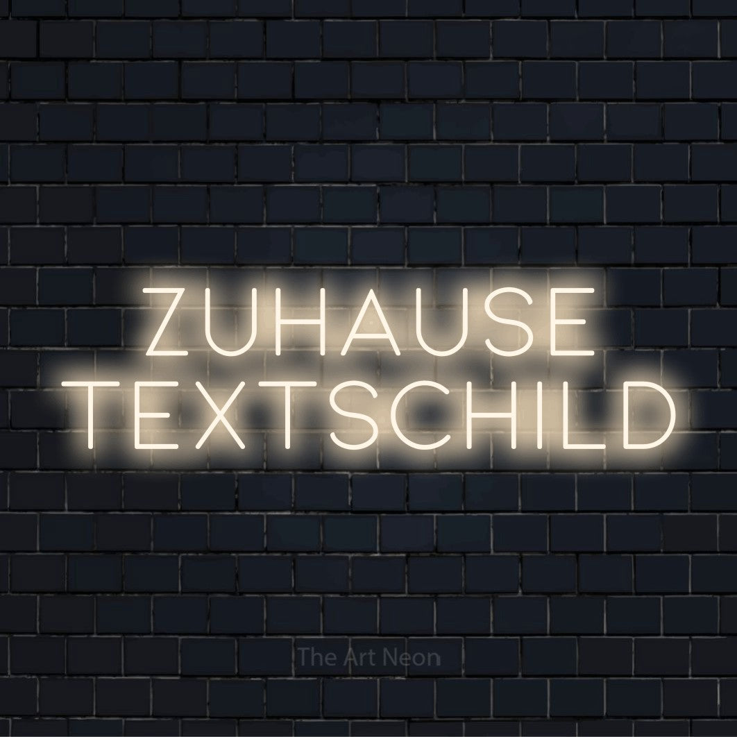 LED-Neonschild mit dem Text „Zuhause Textschild“ auf dunkler Ziegelwand