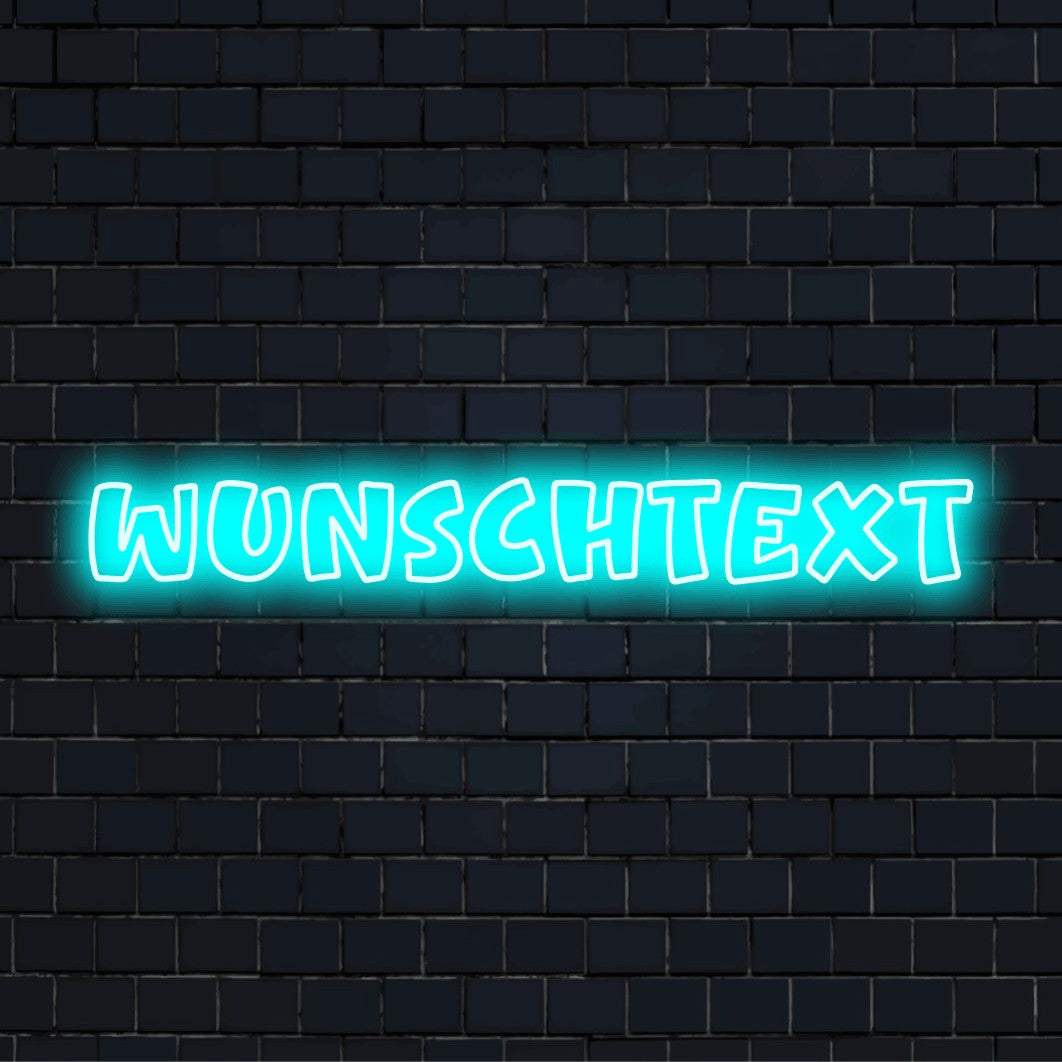 LED-Neonschild mit dem Text „Wunschtext“ auf dunkler Ziegelwand