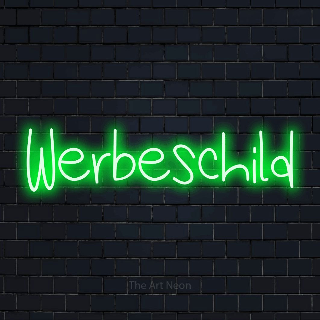 LED-Neonschild mit dem Design „Werbeschild“ auf dunkler Ziegelwand