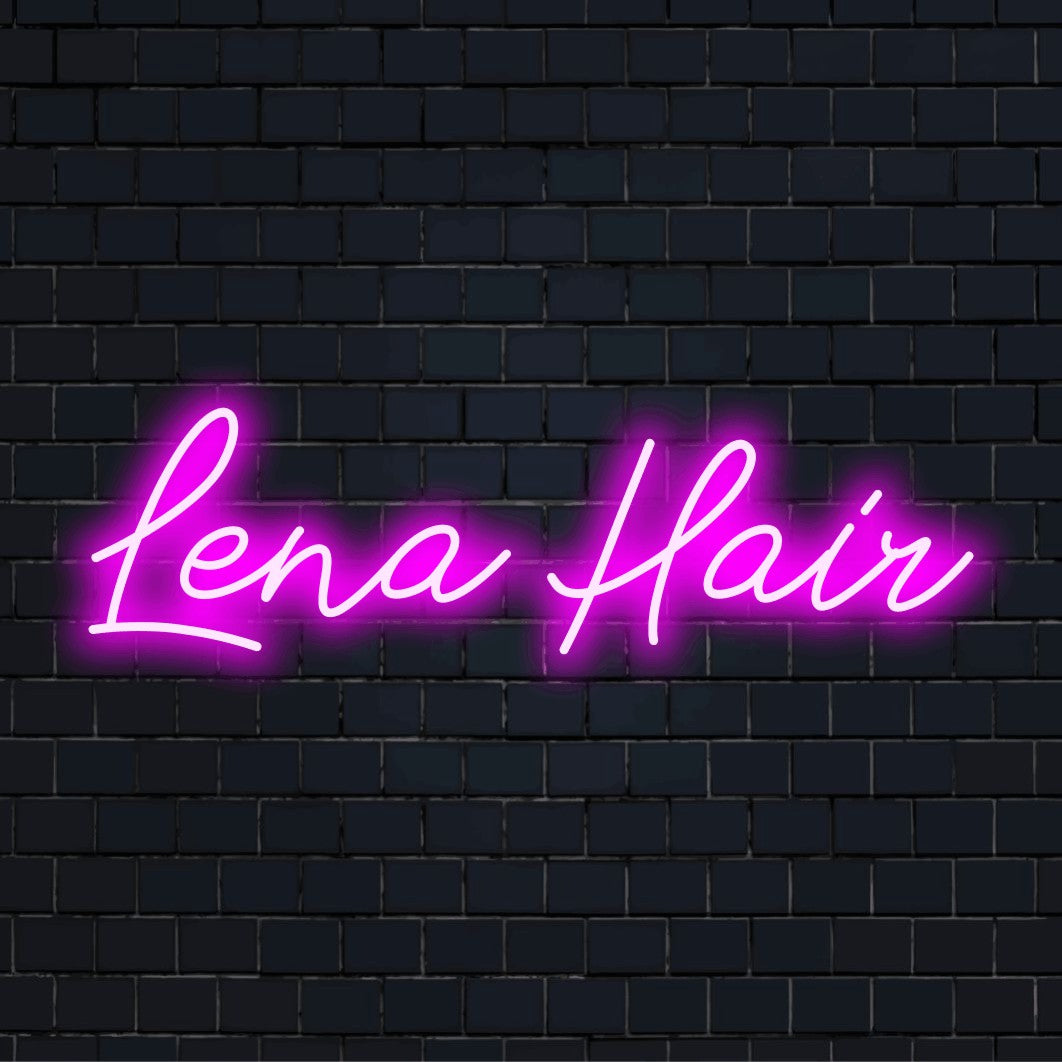 Lena Hair Personalized LED Neon Sign, soft neon glow on dark brick wall