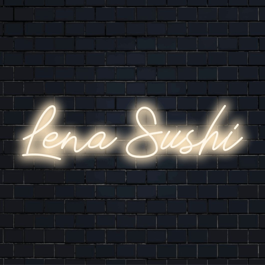 Lena Sushi Custom Name Neon Sign, glowing wall decor on dark brick wall
