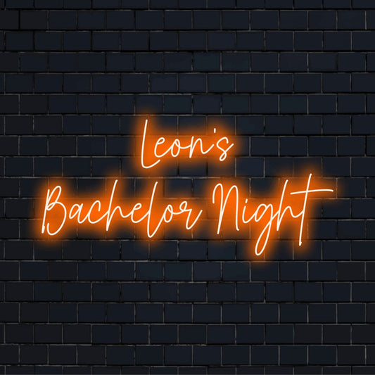 Leon_s Bachelor Night Personalized Neon Light with glowing neon text against black brick wall