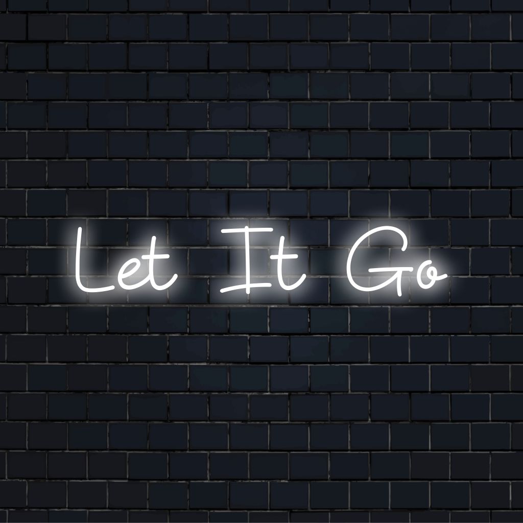 Let It Go LED Neon Sign, glowing wall decor against black brick wall