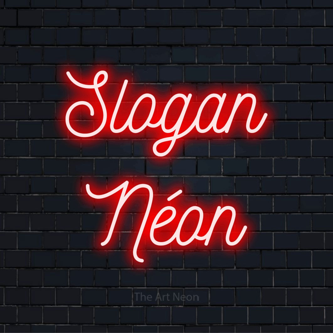Letreiro néon LED com o texto “Slogan Néon” numa parede escura