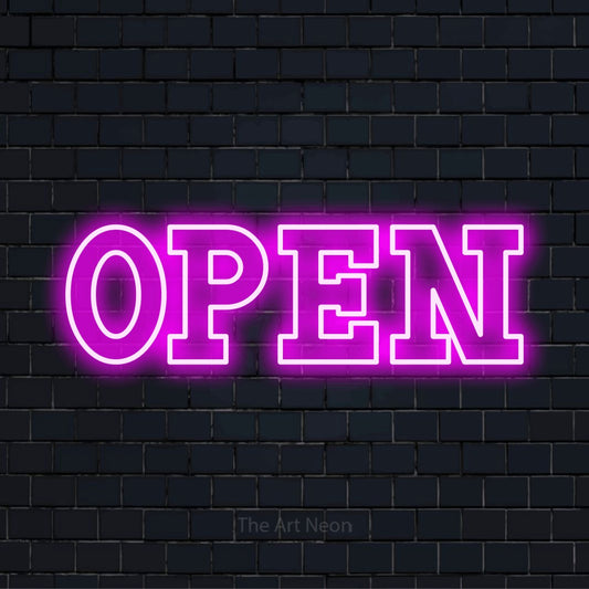 Letreiro néon LED com o texto “Open Néon” numa parede escura