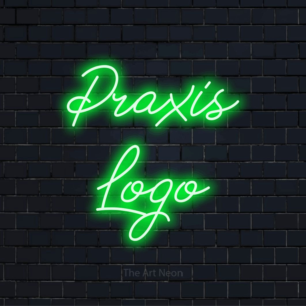 LED-Neonschild mit dem Design „Praxis Logo“ auf dunkler Ziegelwand