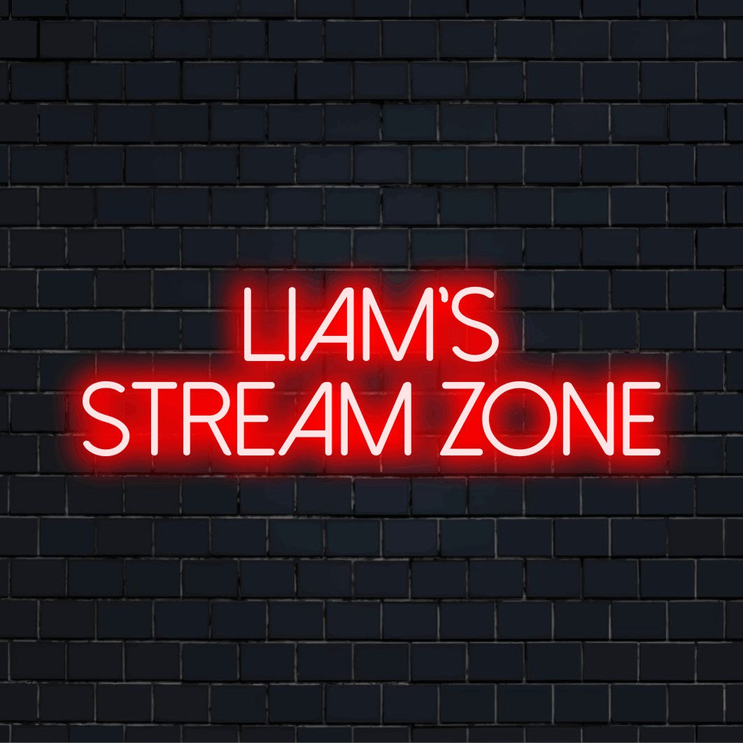Liam_s Stream Zone Personalized Neon Light with bright neon lettering against brick backdrop