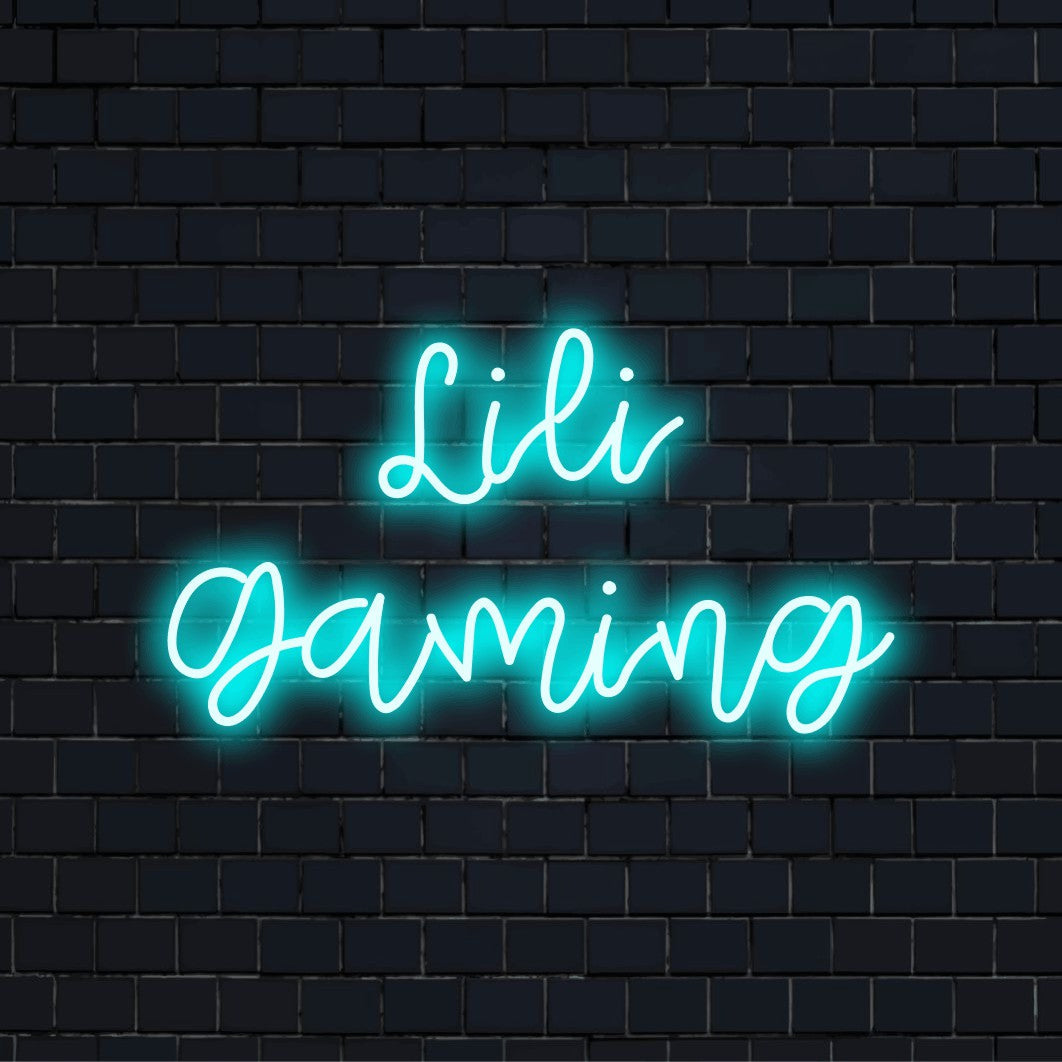 Lili Gaming Personalized Neon Light with glowing neon text against black brick wall