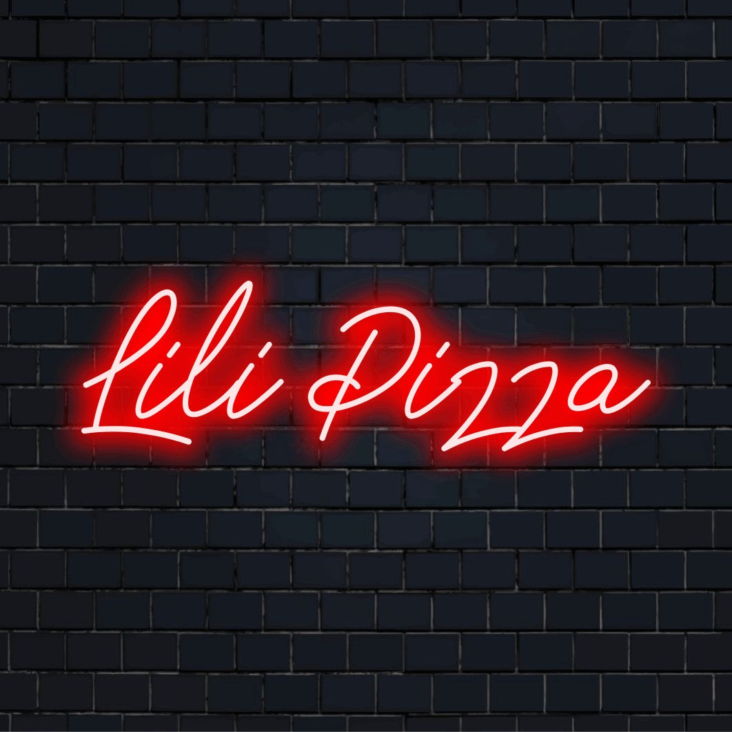 Lili Pizza Personalized Neon Light with glowing wall decor on dark brick background