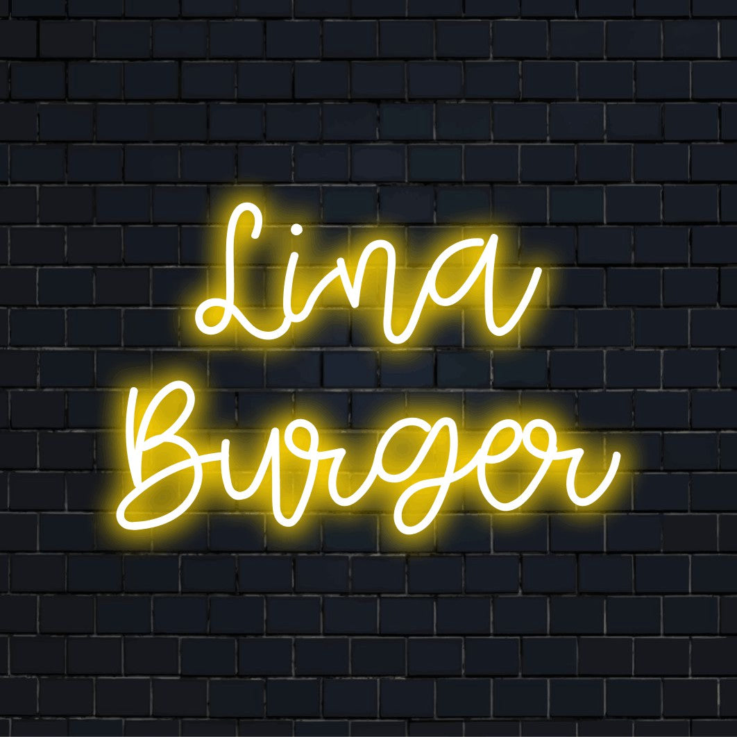Lina Burger Personalized Neon Light with soft neon glow on dark brick background