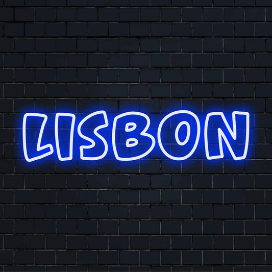 Lisbon Neon Light with glowing neon text on black brick background
