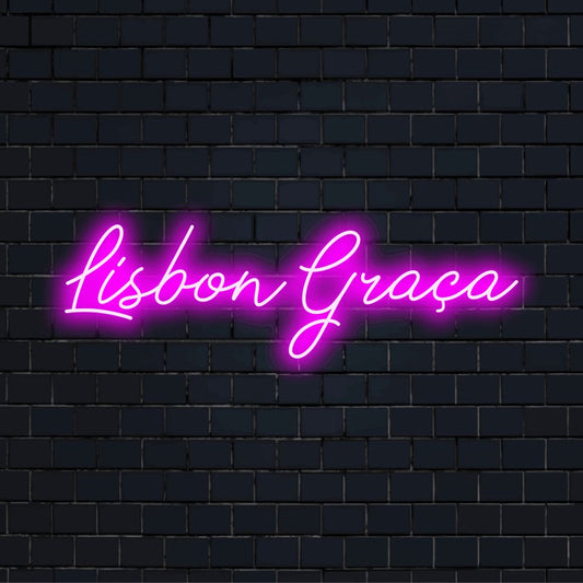 Lisbon Graca Neon Sign, bright LED glow on dark brick wall