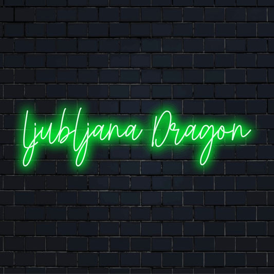 Ljubljana Dragon LED Neon Sign, bright neon lettering on black brick background