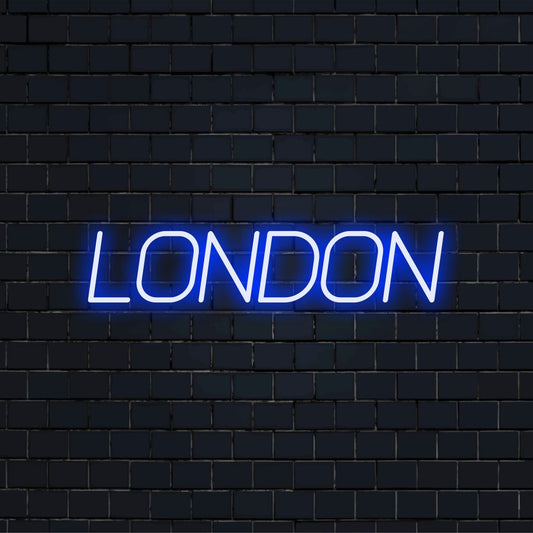 London LED Neon Sign, bright neon glow against brick backdrop