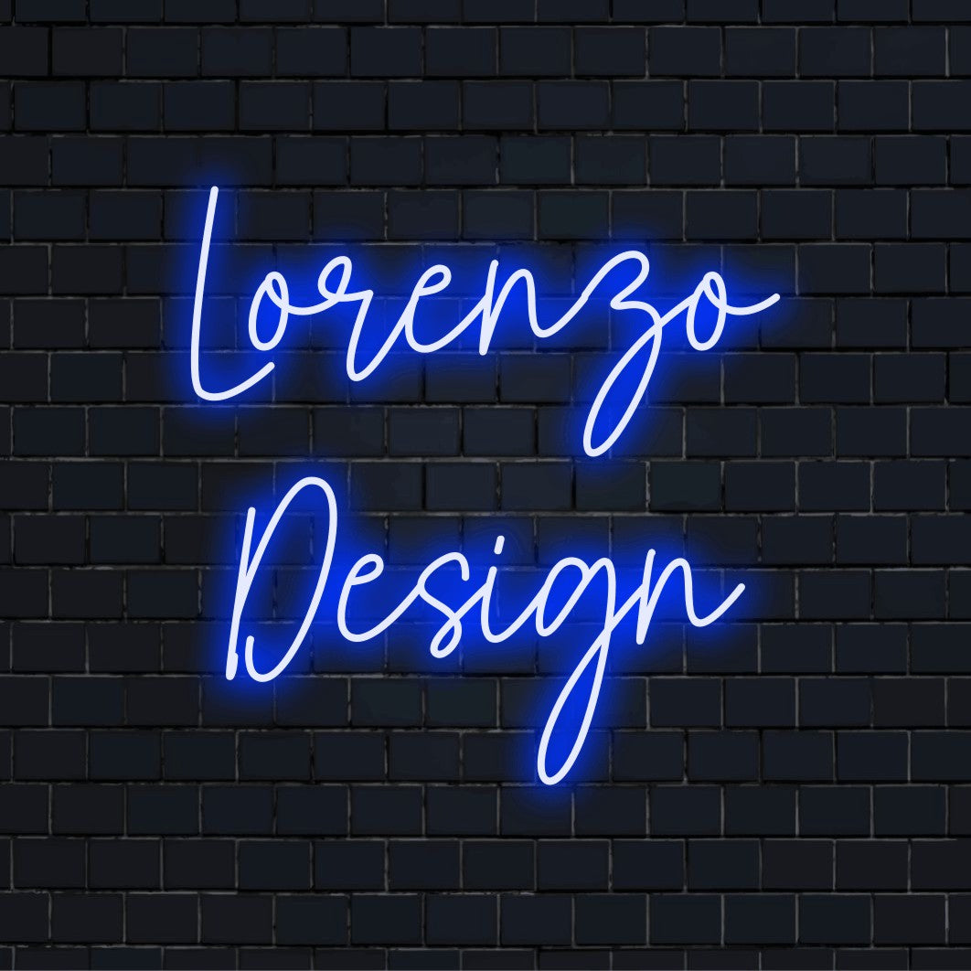 Lorenzo Design Custom Name Neon Sign, bright neon lettering against black brick wall
