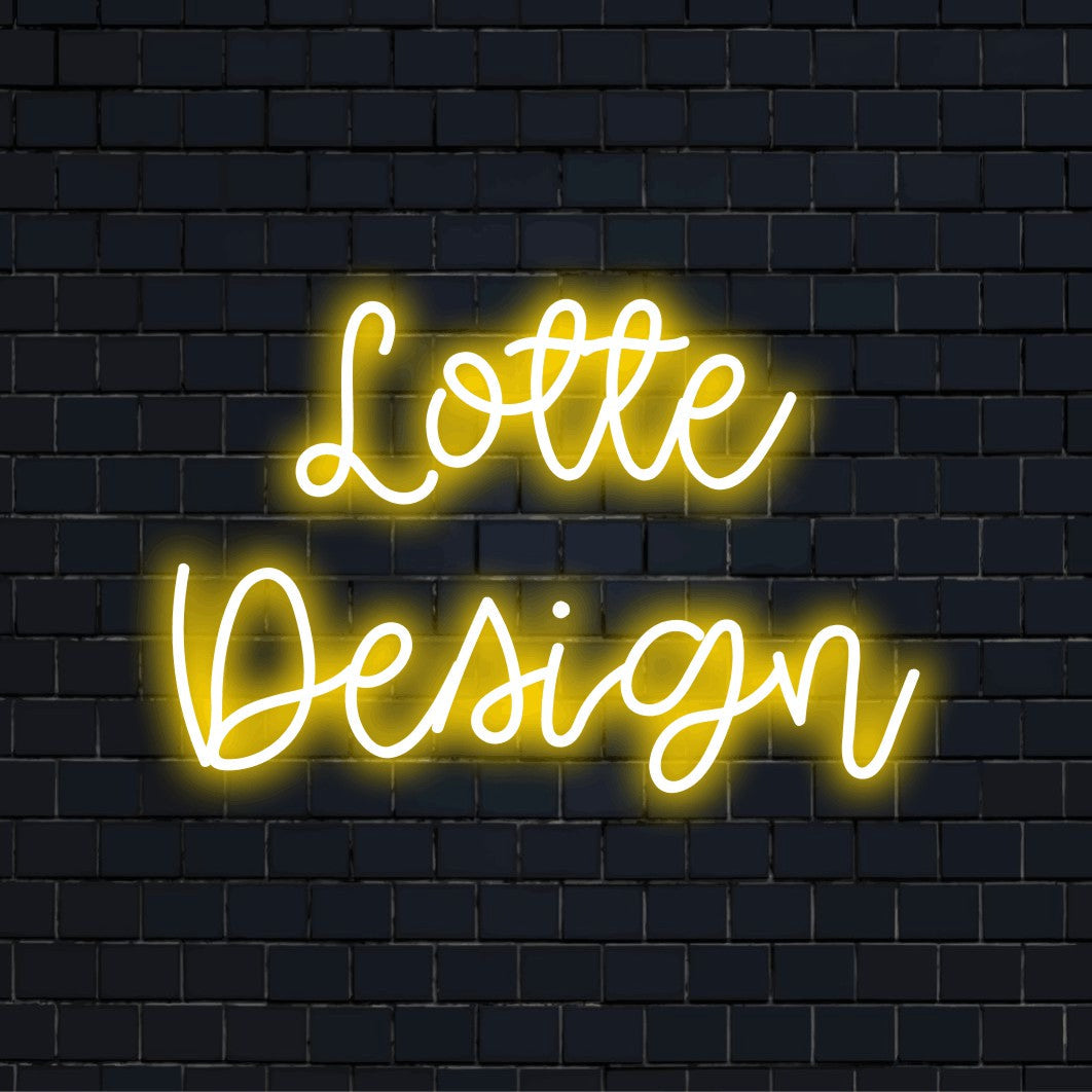 Lotte Design Personalized LED Neon Sign, glowing neon text against black brick wall