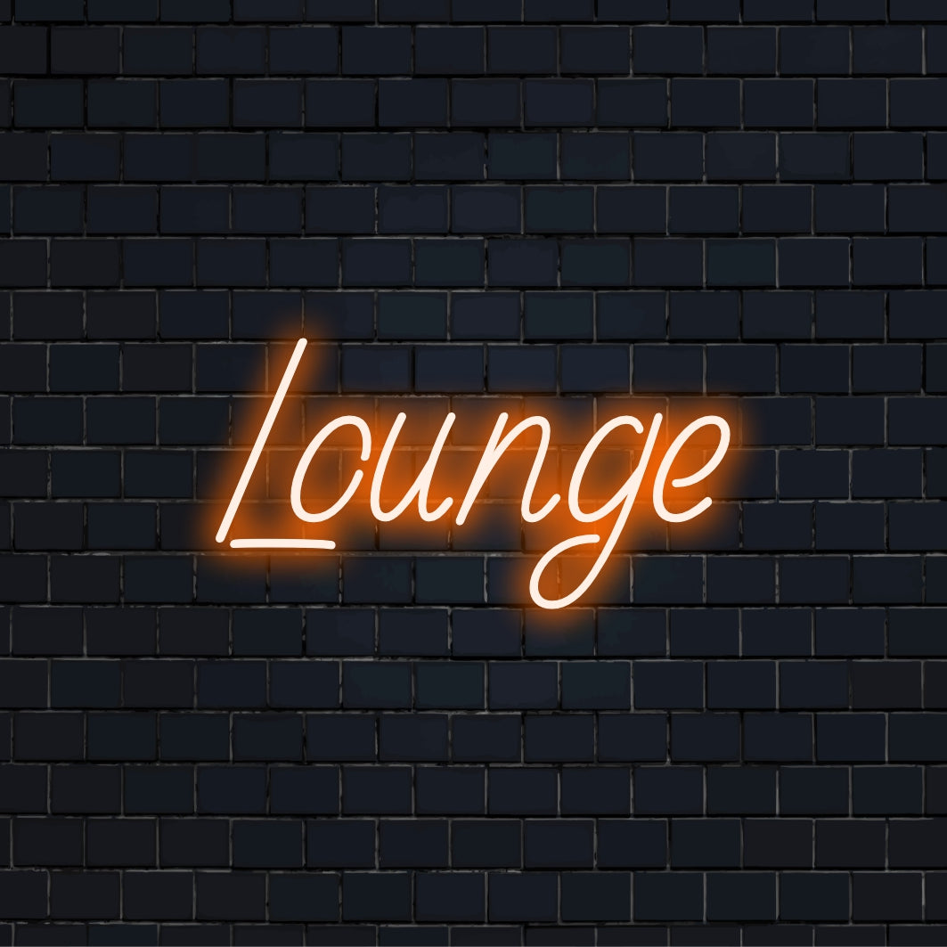 Lounge LED Neon Sign, bright neon glow on dark brick wall