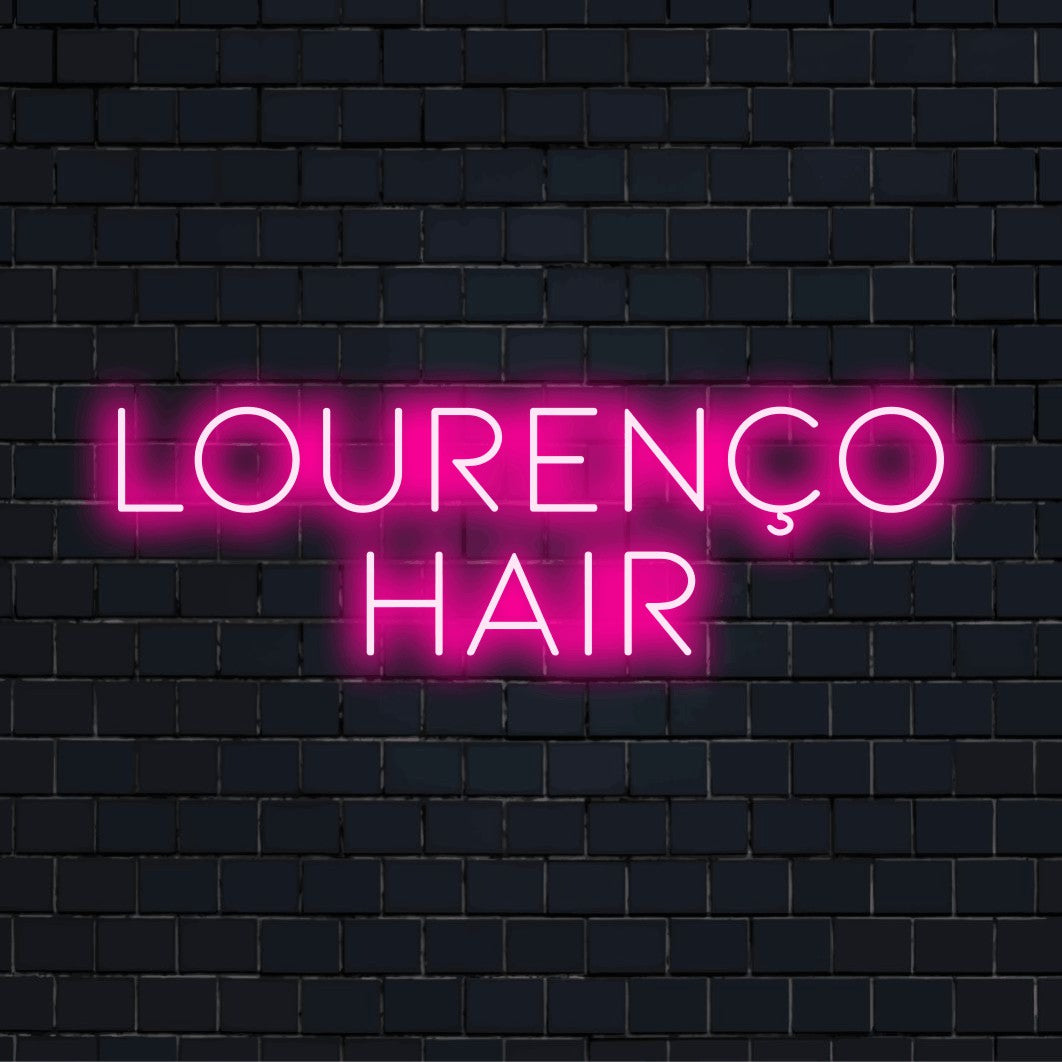Lourenco Hair Personalized Neon Light with bright LED glow on black brick background