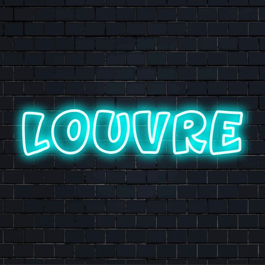 Louvre LED Neon Sign, glowing neon text on dark brick wall