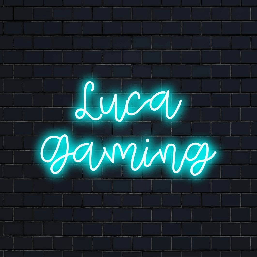 Luca Gaming Personalized LED Neon Sign, soft neon glow against black brick wall