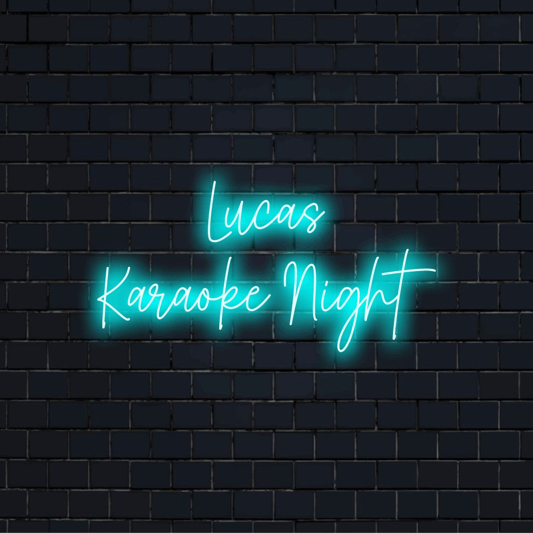 Lucas Karaoke Night Personalized Neon Light with glowing wall decor against black brick wall
