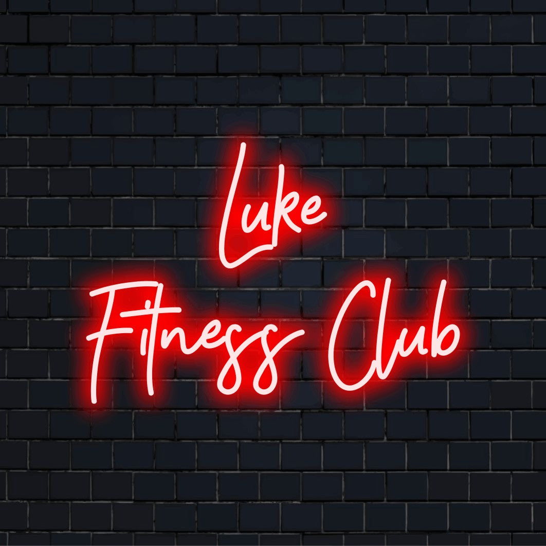 Luke Fitness Club Custom Name Neon Sign, bright neon glow on dark brick background