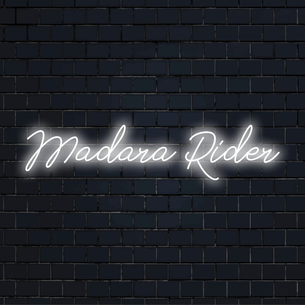 Madara Rider Neon Light with soft neon glow on black brick background