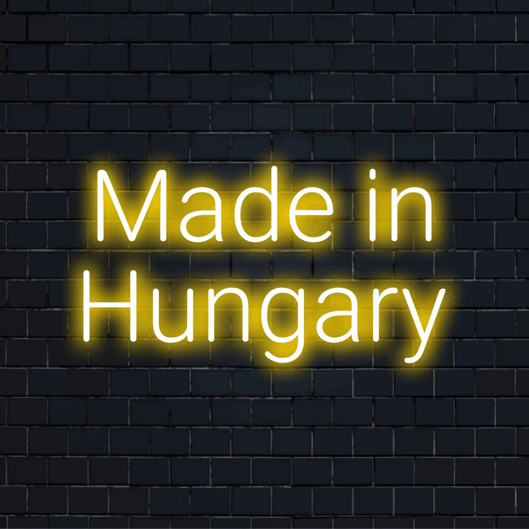 Made In Hungary Neon Sign, bright neon lettering on dark brick wall