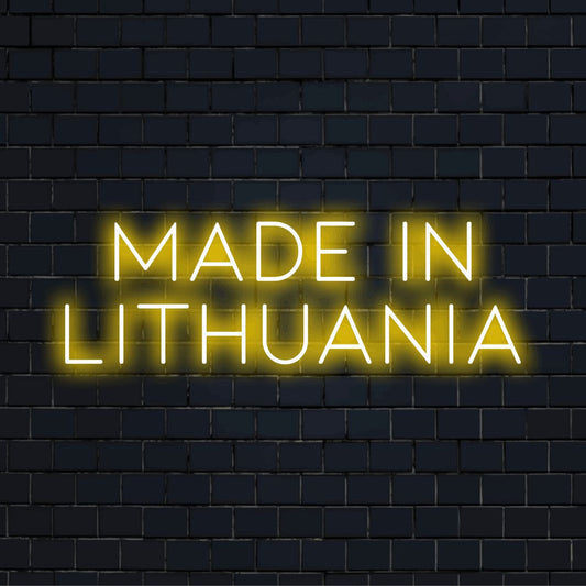 Made In Lithuania Neon Sign, soft neon glow on black brick background