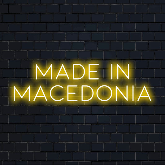 Made In Macedonia Neon Sign, soft neon glow on black brick background