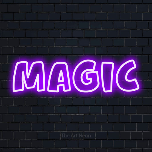 "Magic" LED neon sign on a black brick wall