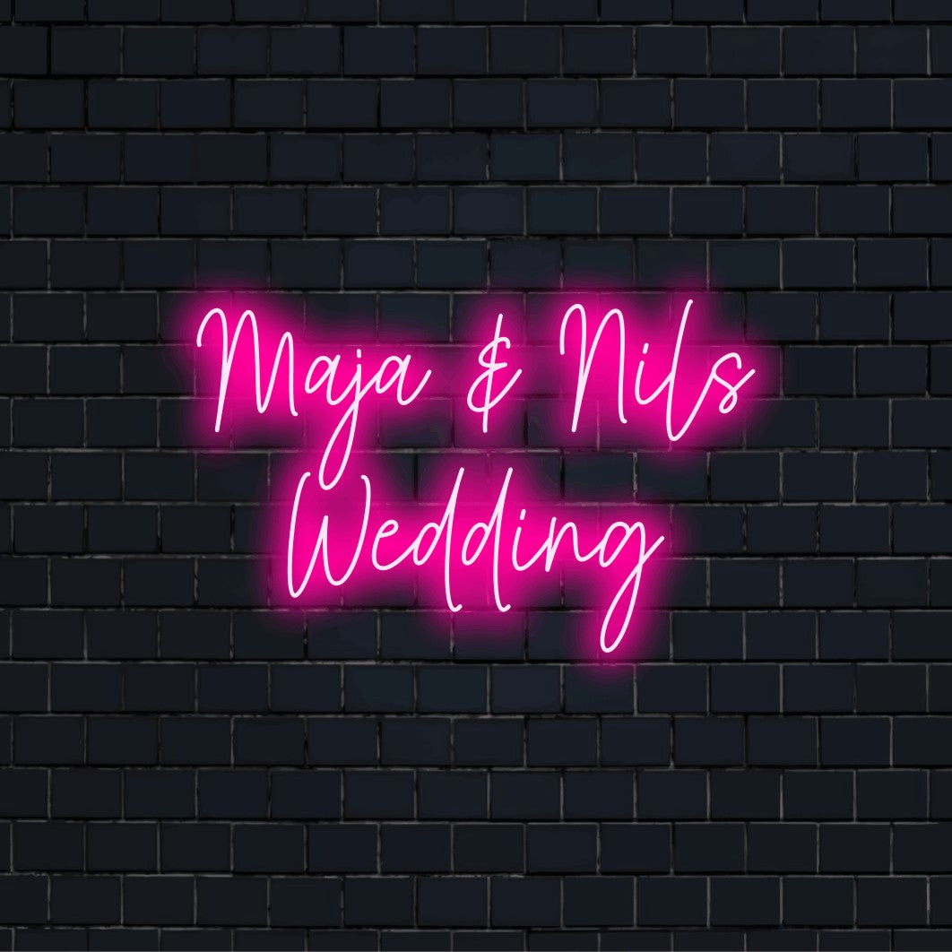 Maja _ Nils Wedding Custom Name Neon Sign, neon text light against black brick wall