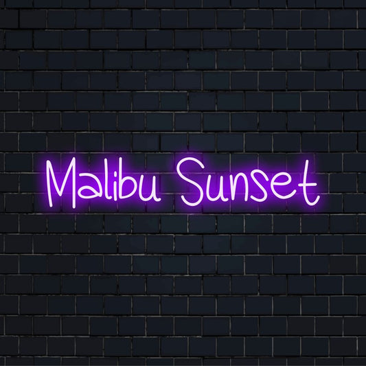 Malibu Sunset LED Neon Sign, glowing wall decor on black brick background